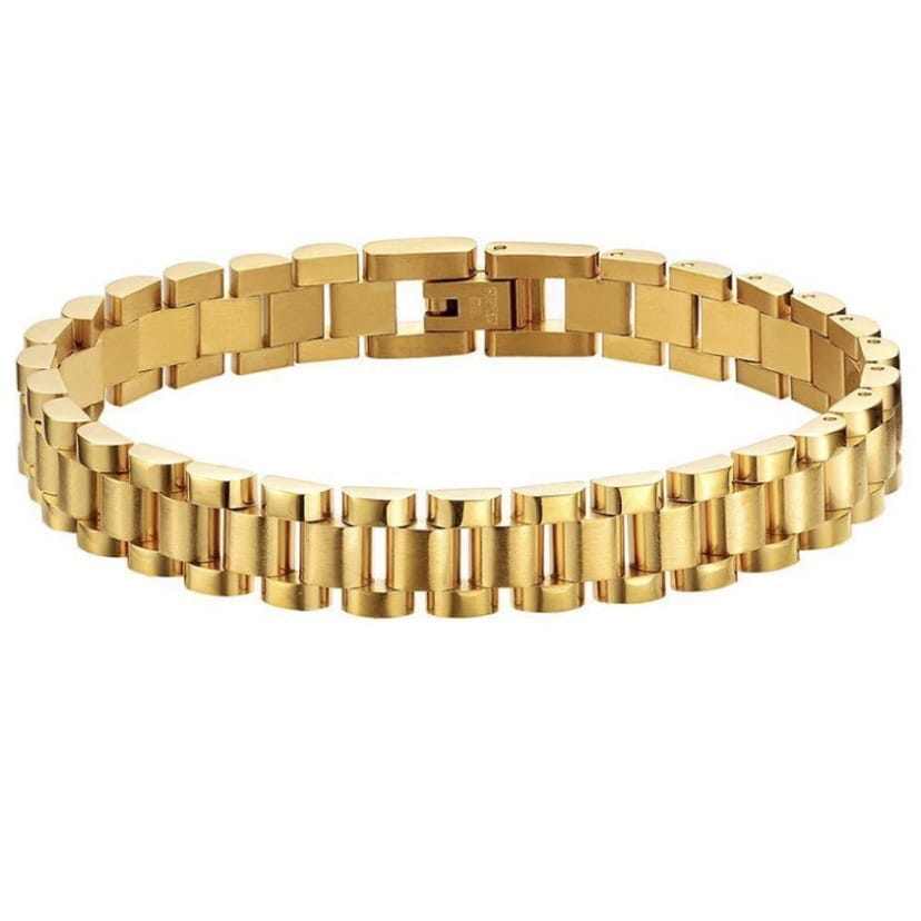 Elegant gold titanium link bracelet with pearl accents featuring a gold-tone stainless steel bracelet with a classic link design and polished finish.