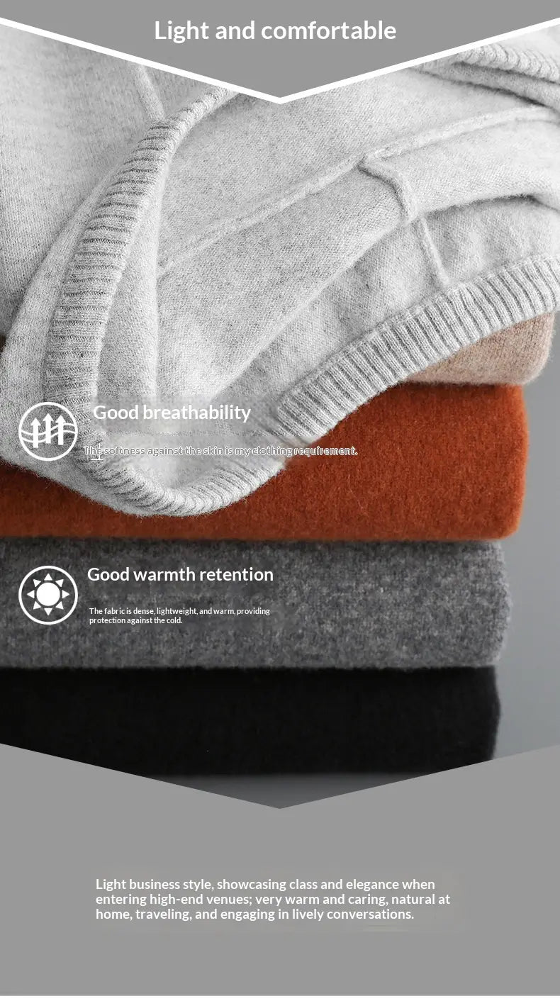 Pila de suéteres de cachemir tejidos suaves en tonos grises apagados, naranja y negro para uso casual de jersey holgado de invierno para hombre.