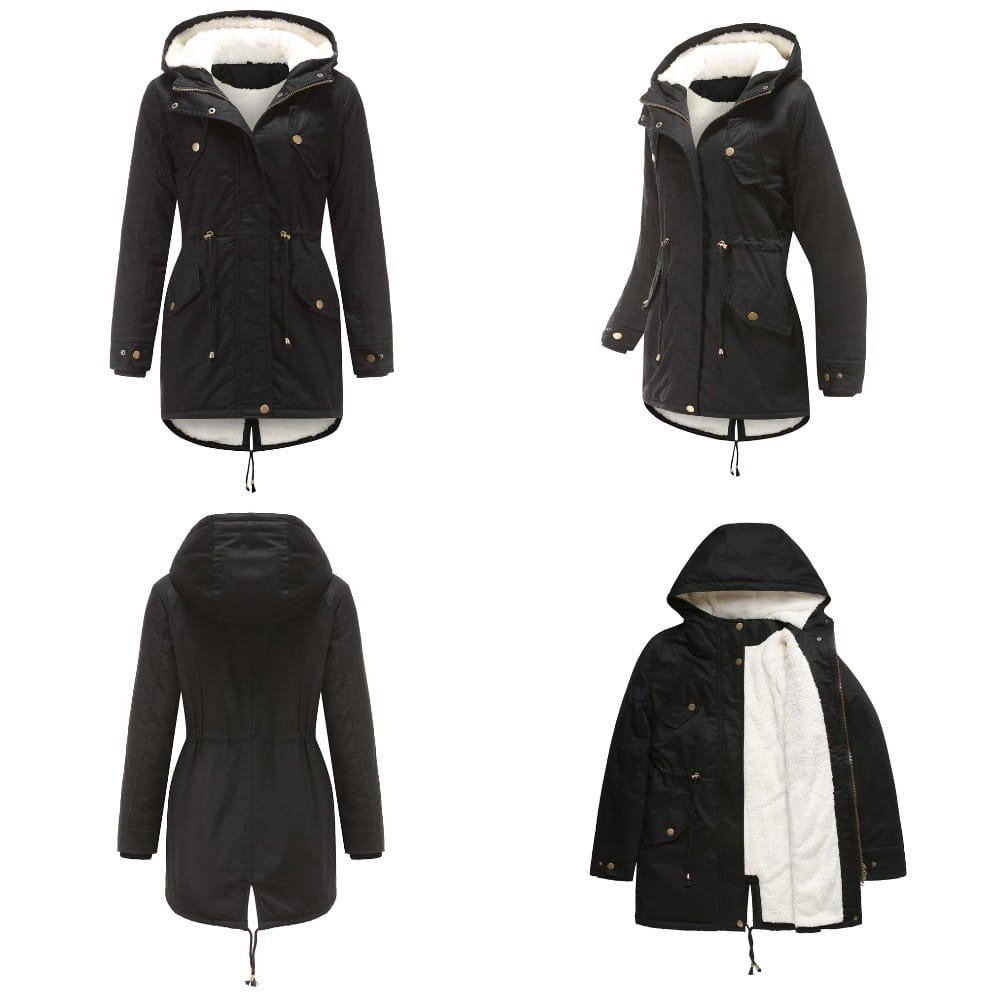 parka de invierno negra con cuello de piel para mujer, con forro de vellón blanco esponjoso, abrigo de algodón acolchado, con botones de tono dorado.