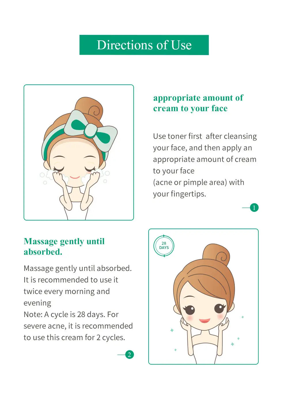 Illustrated guide for applying tea tree acne treatment face and neck cream 20g showing step-by-step instructions with cartoon depictions of a woman using toner followed by gentle massage.