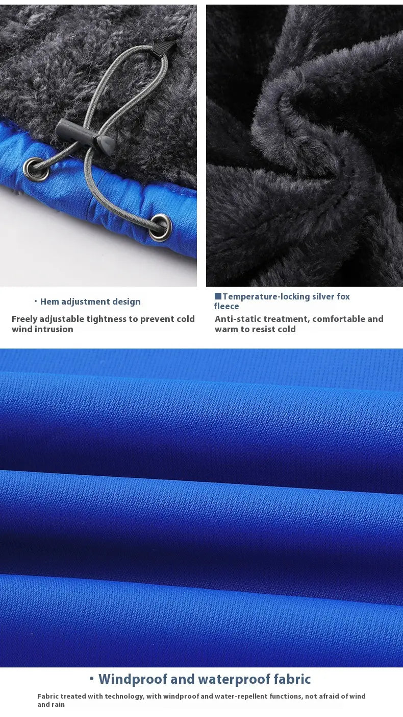 Herren-Fleece-gefütterte Winterjacke mit dickem Baumwollstoff in Blau, wind- und wasserdicht, mit kontrastierendem schwarzem, plüschigem Silberfuchsfleece-Futter