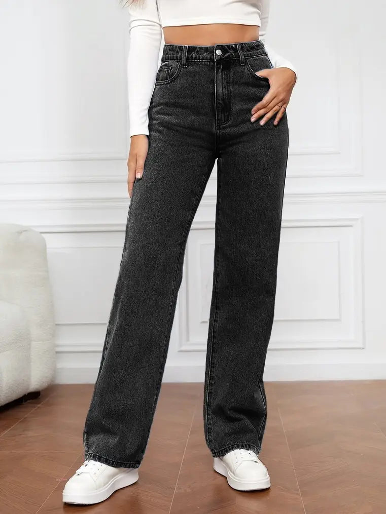 high waisted black denim jeans for women featuring a straight leg cut and classic five-pocket design