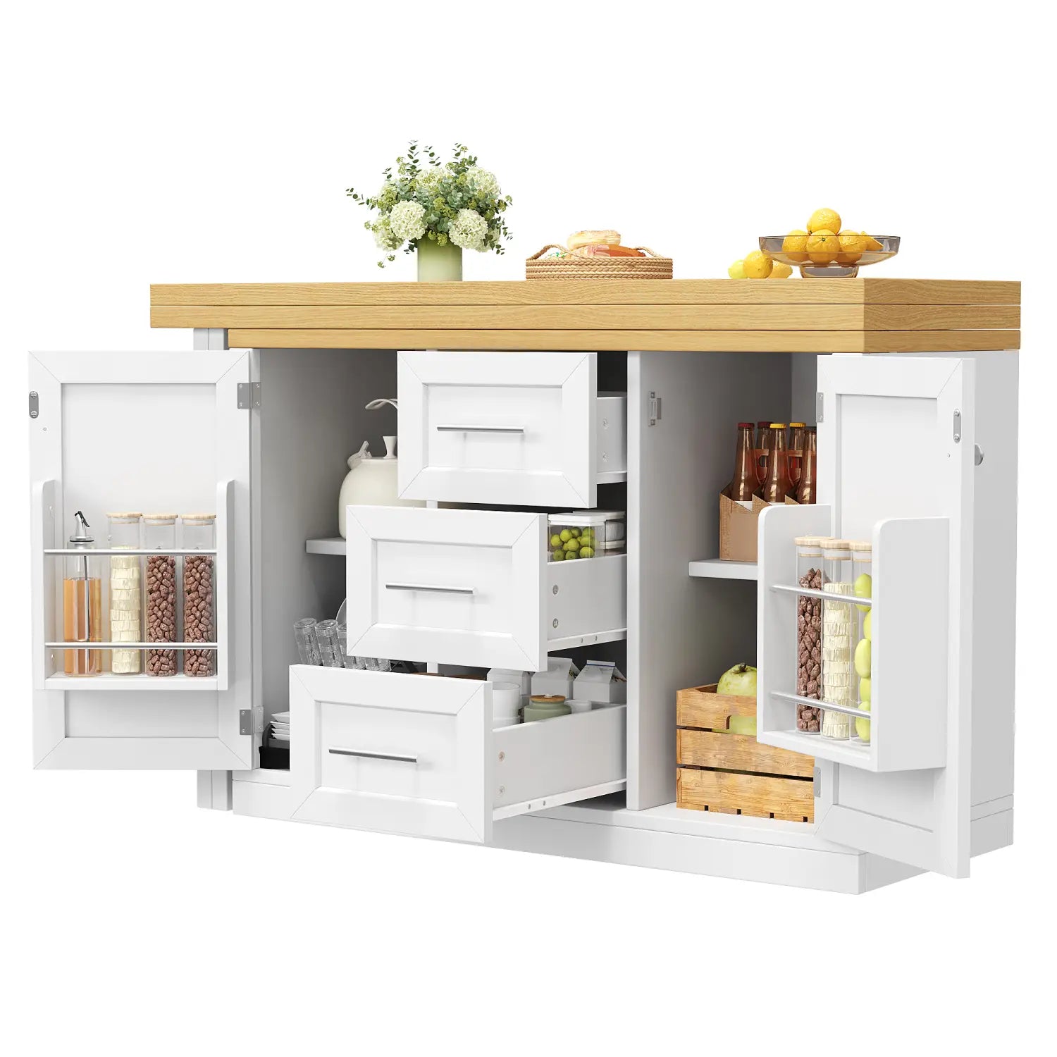 Extendable kitchen island dining table with storage featuring white kitchen cabinets with a light wood countertop and multiple drawers and doors for organized storage.