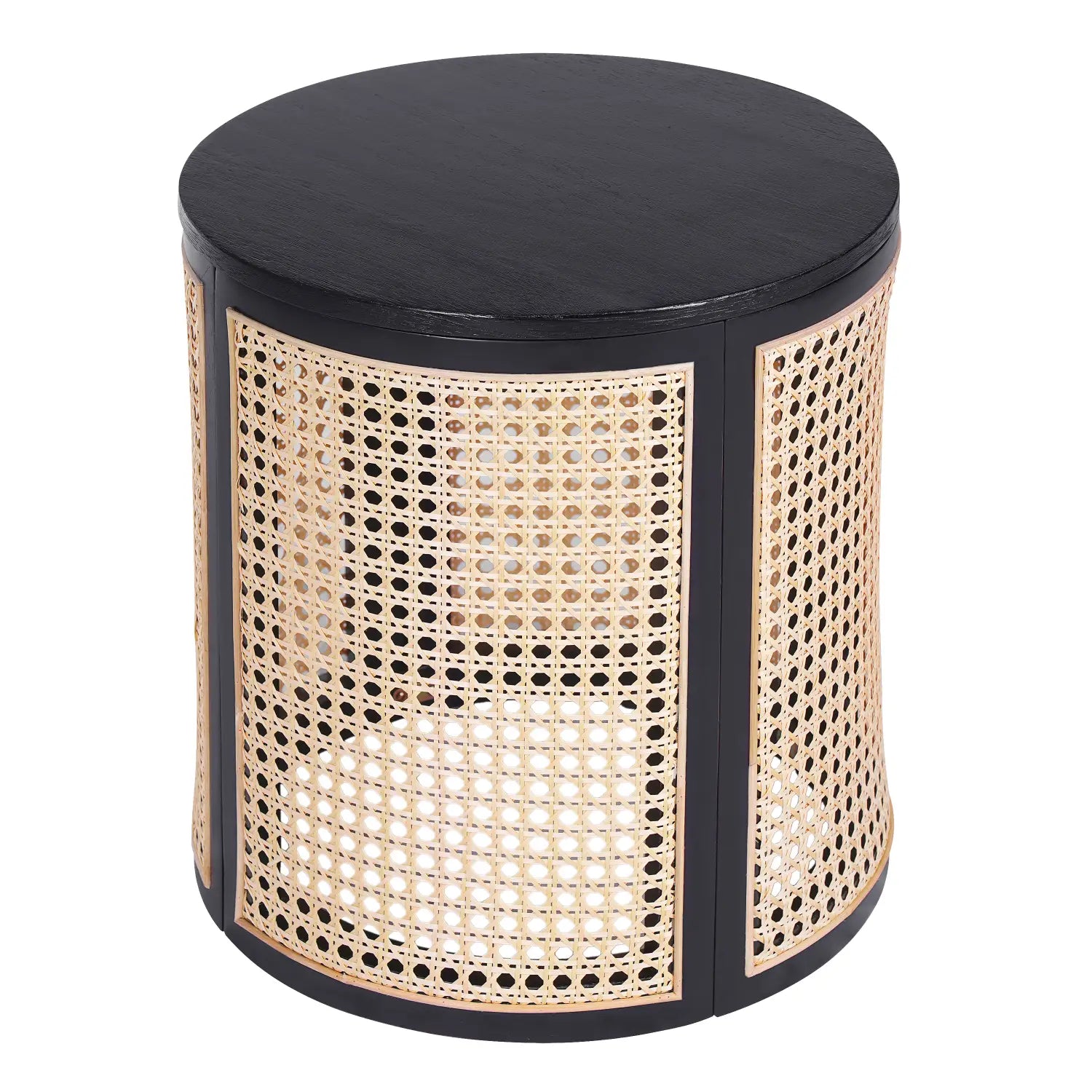 Black cylindrical side table with a woven cane lattice design made of rattan wood ideal for use as an end table or nightstand.