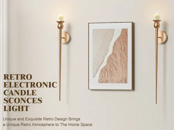 Gold wall sconce with battery operated candle featuring gold-finished retro design with slender elegant stems and warm glowing candles measuring 33 inch.