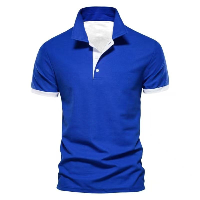 Leuchtend königsblaues Herren-Poloshirt mit Farbblock-Kurzarm mit klarer weißer Knopfleiste und Ärmelbündchen, ideal für Freizeit- und Business-Anlässe.