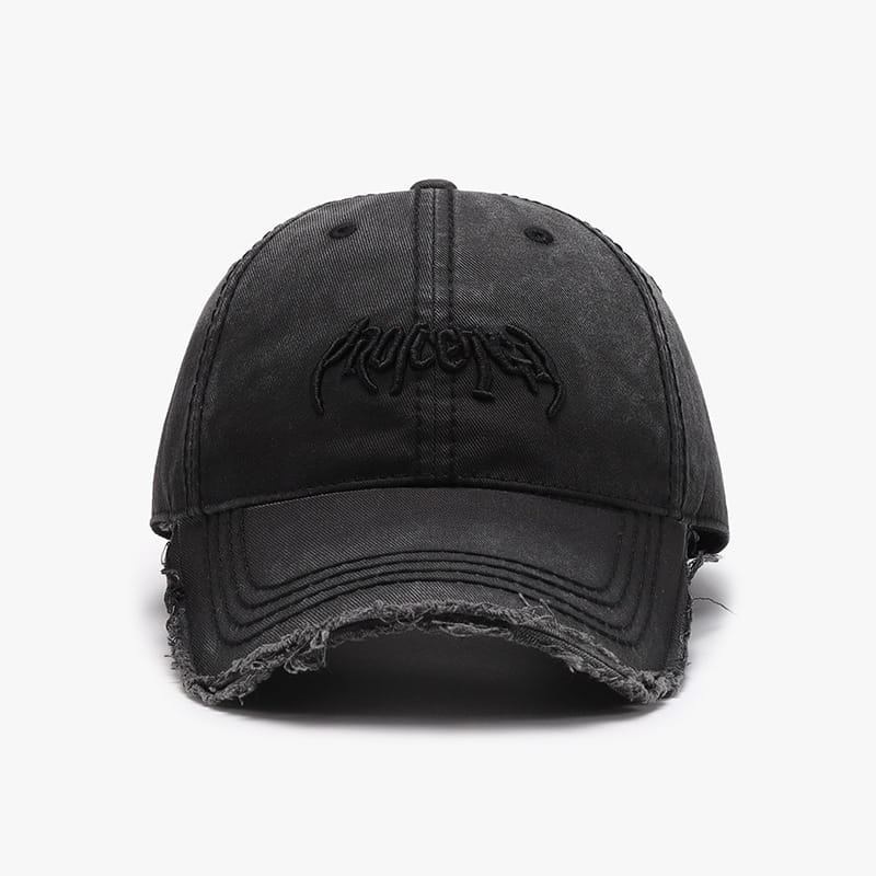 Black distressed cotton denim baseball cap with brown embroidered logo displayed from the front.