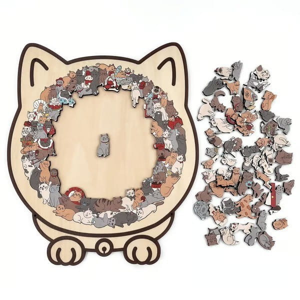 Juguete rompecabezas de madera para gatos de 135 piezas Morandi, que presenta un diseño de madera con forma de gato con una figura central de gato y piezas circundantes que representan varios gatos en diferentes posturas, colores y expresiones.