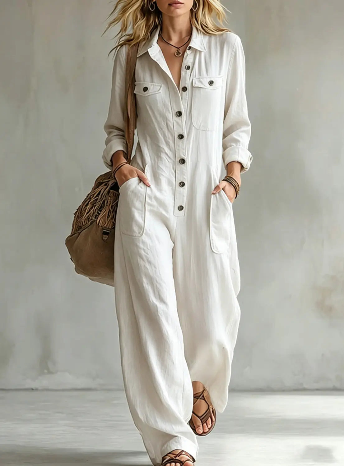 Weißer Leinen-Casual-Jumpsuit mit Knopfleistendetails vorn und zwei Brusttaschen, geeignet für die Arbeit mit langen Ärmeln.