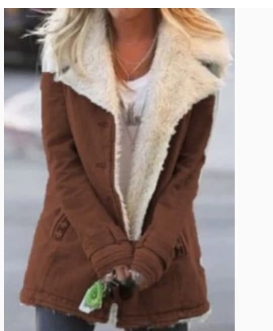 brown shearling-lined plush lapel cotton coat for women with cream-colored fur collar and front button closure.