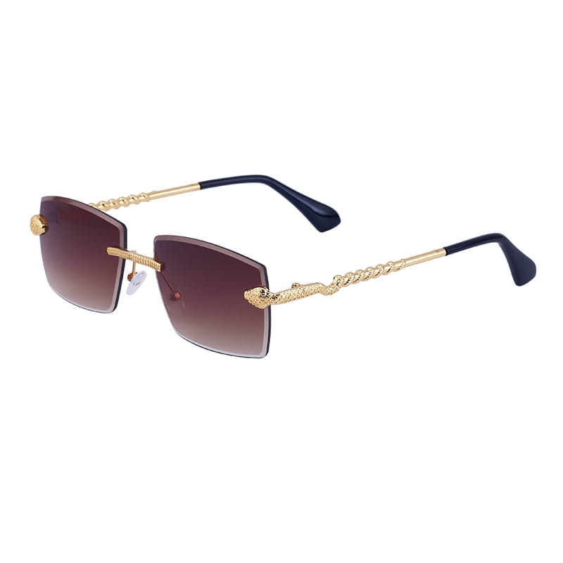 Gold-toned rimless rectangular sunglasses for men with gradient brown lenses and twisted metal arms featuring decorative snake head accents and UV400 protection.
