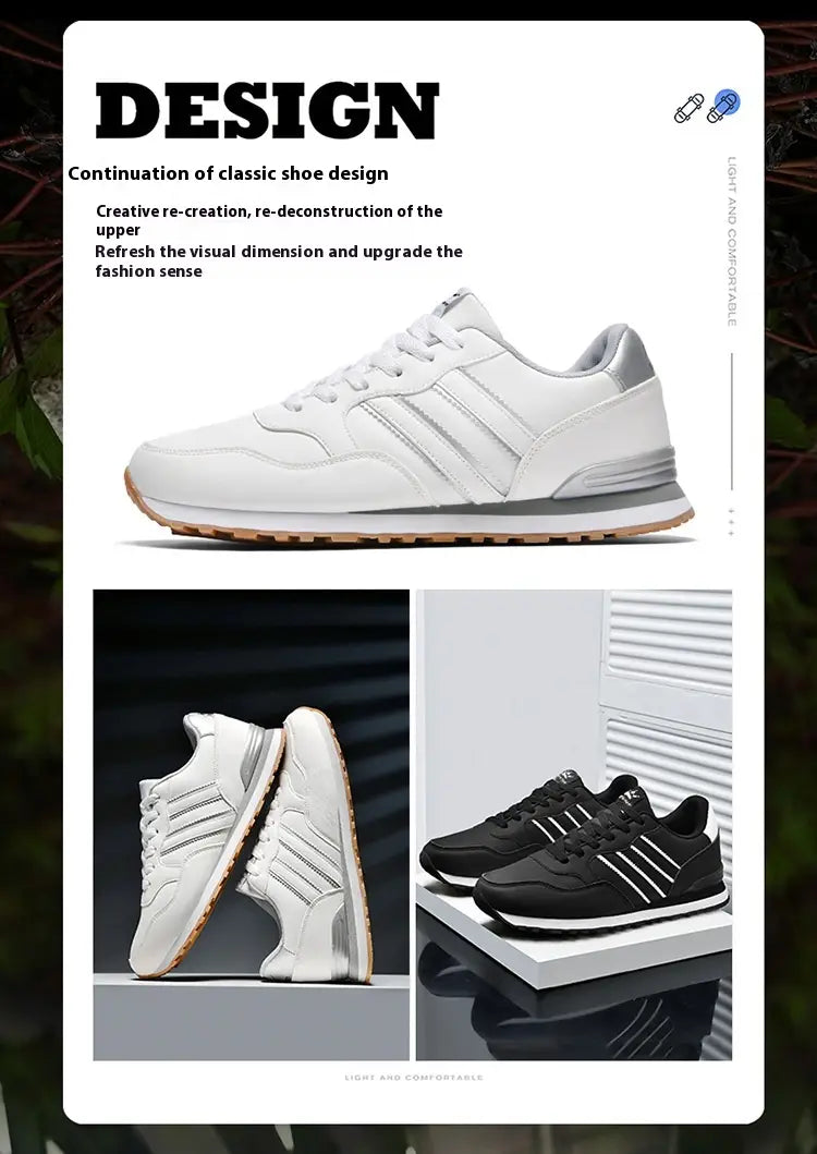 Baskets de sport rétro en cuir pour la course, style décontracté, avec dessus en maille respirante blanc et noir, design classique « trois bandes », et semelles en caoutchouc.