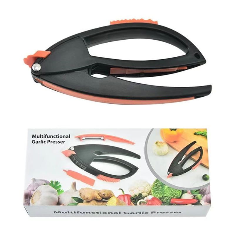 black and orange multifunctional garlic press and vegetable peeler kitchen tool set with sleek ergonomic design for efficient garlic pressing and vegetable peeling