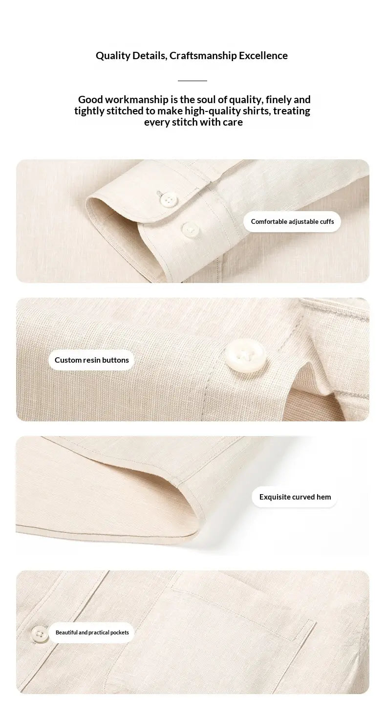 Men linen mandarin collar slim shirt in cream color made of finely stitched cotton fabric with custom resin buttons and an exquisite curved hem.