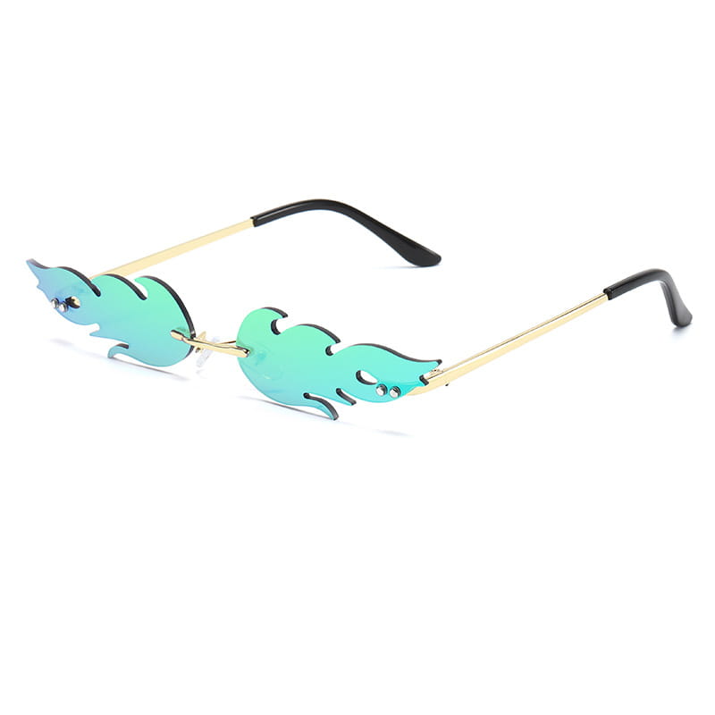 Metallic flame gemstone sunglasses featuring flame-shaped teal mirrored gradient lenses with gold metal frames and black temple tips.