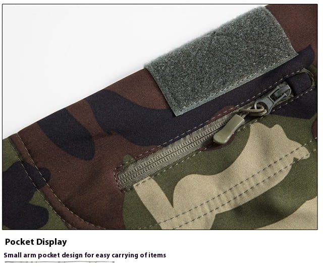men’s waterproof tactical fleece soft shell jacket featuring a camouflage-patterned arm pocket with gray velcro patch and zipper.