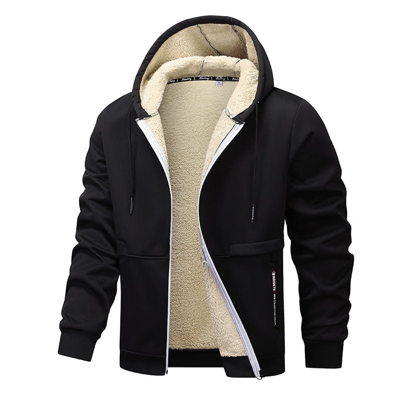 Herren-Schwergewicht-Sherpa-Fleecepullover mit Reißverschluss, innen mit Sherpa gefüttert, in schwarz mit plüschigem beigem Sherpa-Futter und weißen Reißverschluss-Akzenten.