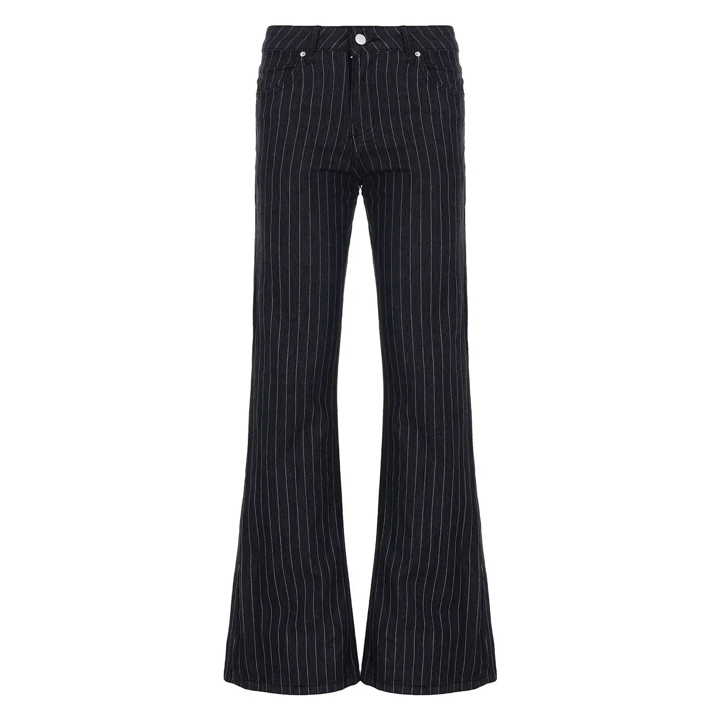 Schwarze Pinstripe-Schlagjeans mit niedrigem Bund aus Denim mit weißen vertikalen Streifen und einem Verschluss mit silbernen Knöpfen.