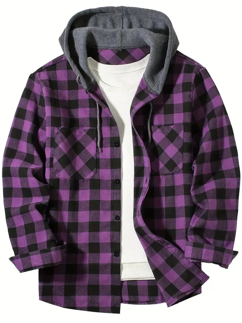 Men’s plaid hooded flannel shirt featuring a purple and black plaid pattern with a gray fleece-lined hood.