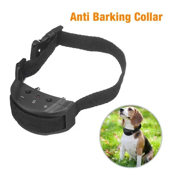 Black anti bark dog shock collar with sound and vibration featuring an adjustable strap and a control panel with volume adjustment buttons.