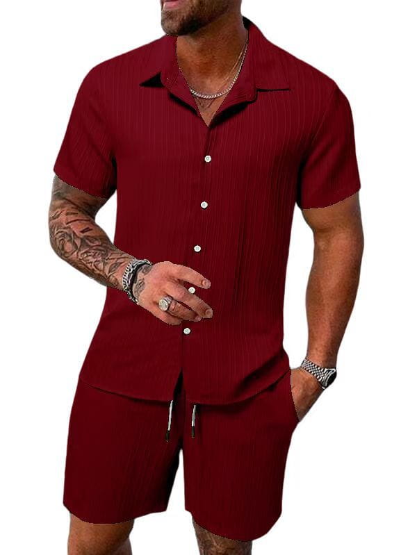 Men’s maroon ribbed short sleeve button-up shirt and matching shorts beach set with vertical texture.