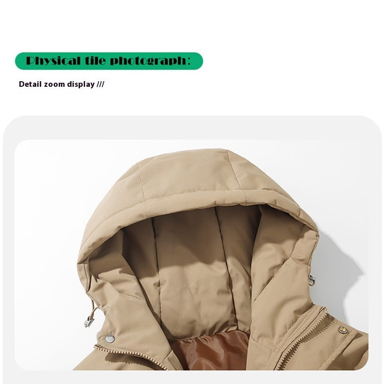 Beige Damen-Kapuzensteppjacke mit wattierter Polsterung mit wattierter Kapuze und Reißverschlussverschluss zur Wärme und für den Stil.