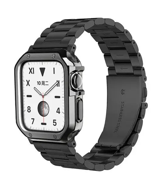 Premium stainless steel apple watch band with tpu case featuring a black stainless steel band with a sleek interlocking link design.