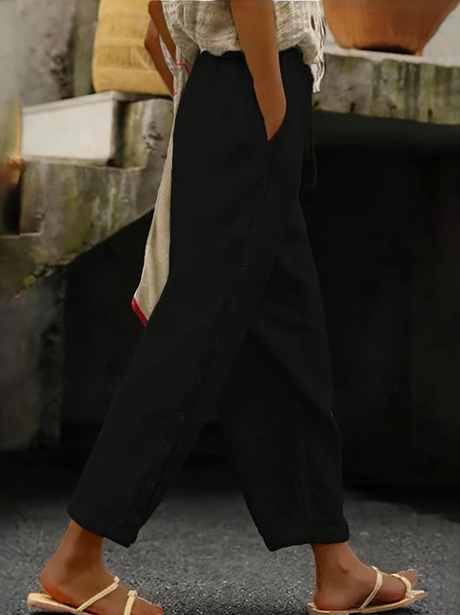 Black wide-leg cropped patchwork button casual pants for women featuring a relaxed fit and subtle side seam detailing.