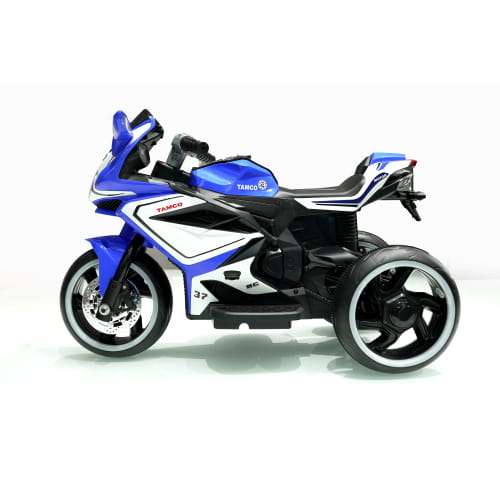 Blue and white three-wheeled kids electric ride on motorcycle with black accents designed for children aged 6v.
