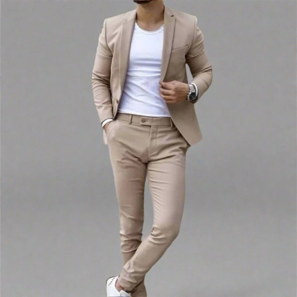 Beige tailored men digital print casual suit set with matching trousers crafted from smooth fabric.