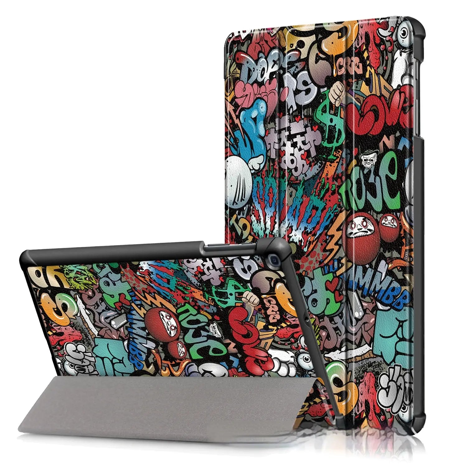 Funda tipo libro de cuero para tableta Samsung con un diseño vibrante con patrón de graffiti, con arte urbano colorido y llamativo en el reverso.