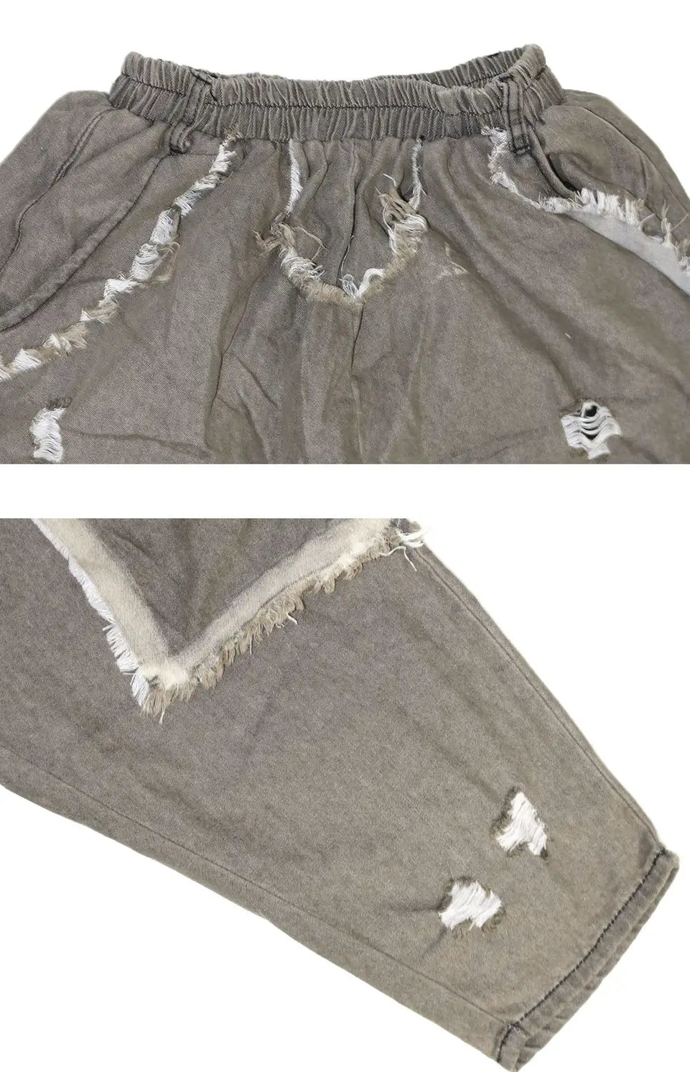 Bestickte Patchwork-Jeans-Haremshosen in Grau mit ausgefransten Kanten und zerrissenen Details.