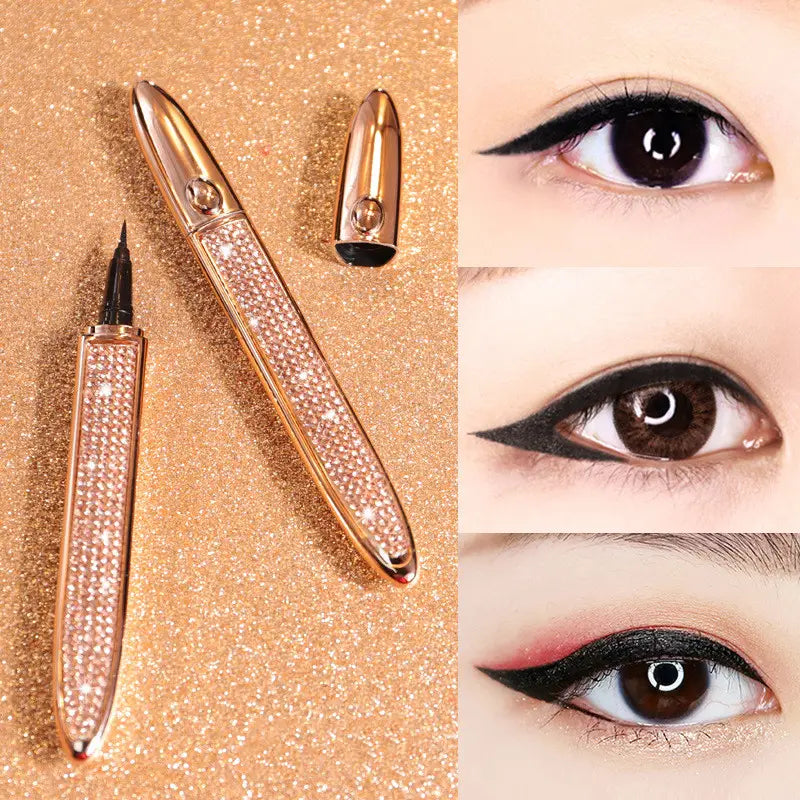 A rose gold self-adhesive eyeliner pen for false lashes with a sparkling rhinestone-covered barrel and matching cap.