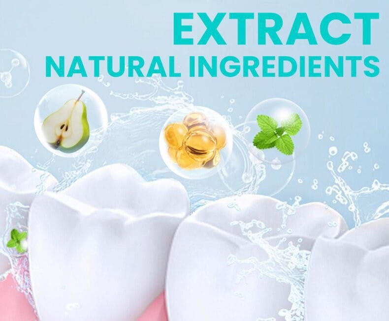 white teeth with a glossy finish surrounded by bubbles containing pear slices and mint leaves for niacinamide whitening toothpaste for men and women 100g