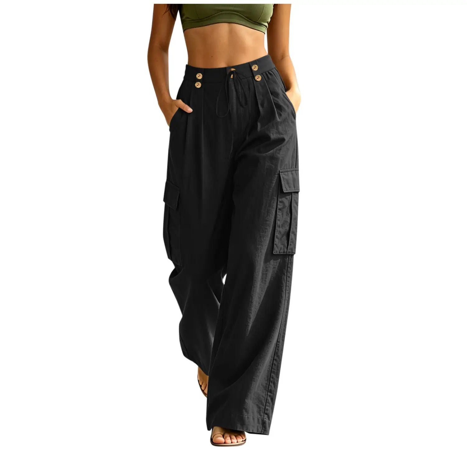 Pantalons cargo en coton noirs taille haute pour femmes, avec taille élastique, boutons ton or et poches latérales multiples, pour des tenues décontractées.