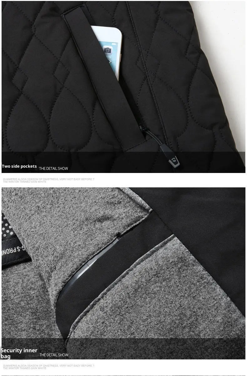 Schwarze gesteppte Businessjacke mit leichtem Diamantmuster und kontrastierendem grauem, strukturiertem Stofffutter.