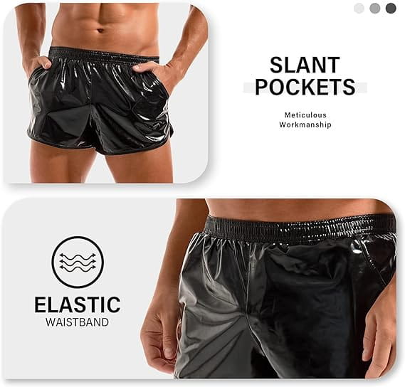 mens shiny metallic casual shorts in black patent leather featuring slant pockets and an elastic waistband for a comfortable fit