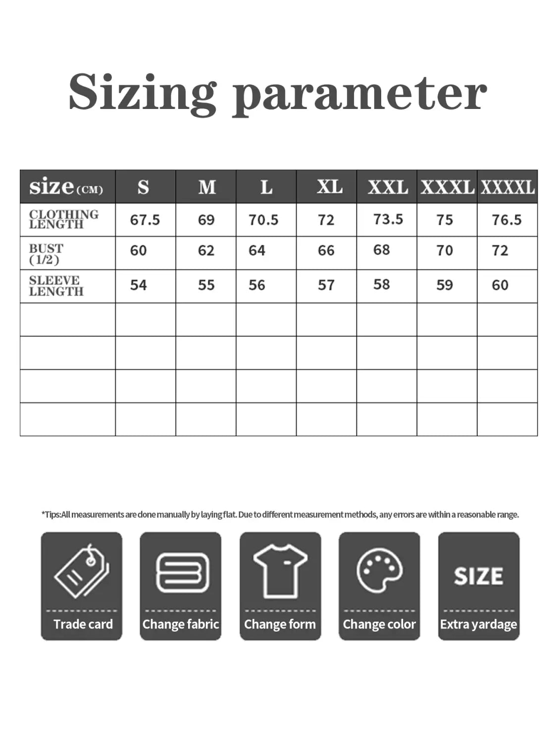 Sizing parameter chart for women’s dalmatian print hoodie with cat ear hood displaying measurements in centimeters across sizes small to xxxxl