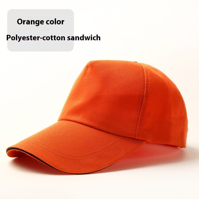 Casquette de baseball unisexe orange vif en tissu intercalaire polyester-coton avec un bord courbé pour une protection solaire.