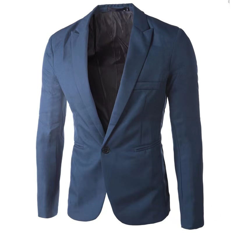 Veste de blazer décontractée à simple boutonnage bleu marine pour homme avec doublure intérieure noire et fermeture par un seul bouton, réalisée à partir d’un tissu de qualité supérieure.