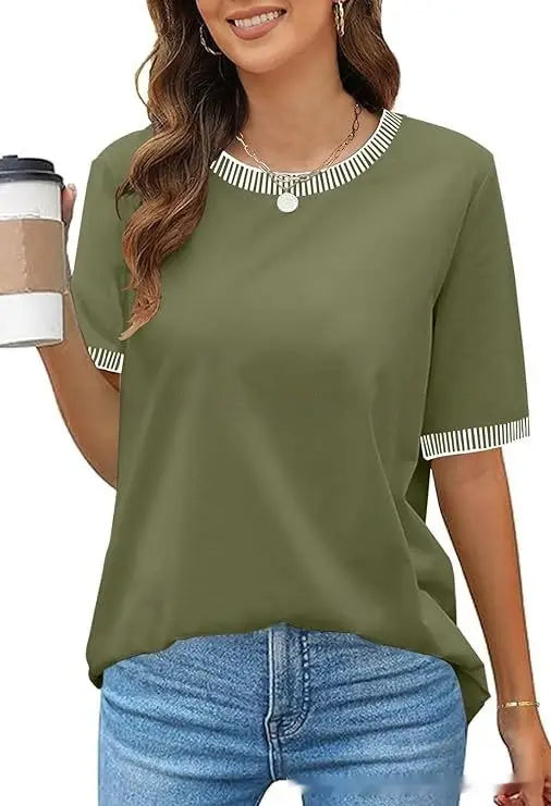 Women’s olive green short-sleeved knit top with white striped ruffle trim around the neckline and cuffs.