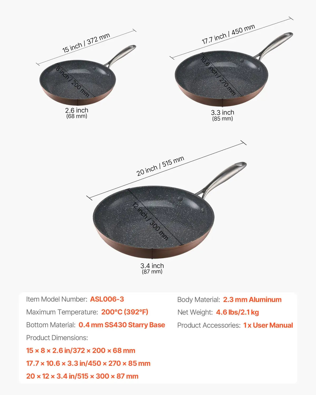 Set of three nonstick ceramic frying pans with black speckled interiors, copper-colored exteriors, and stainless steel handles.