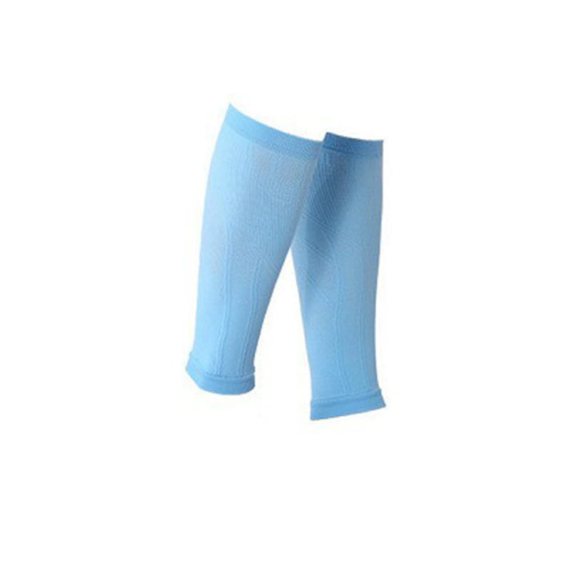 Light blue sheer ribbed fabric compression calf sleeves with rolled cuffs designed for athletic sports support.