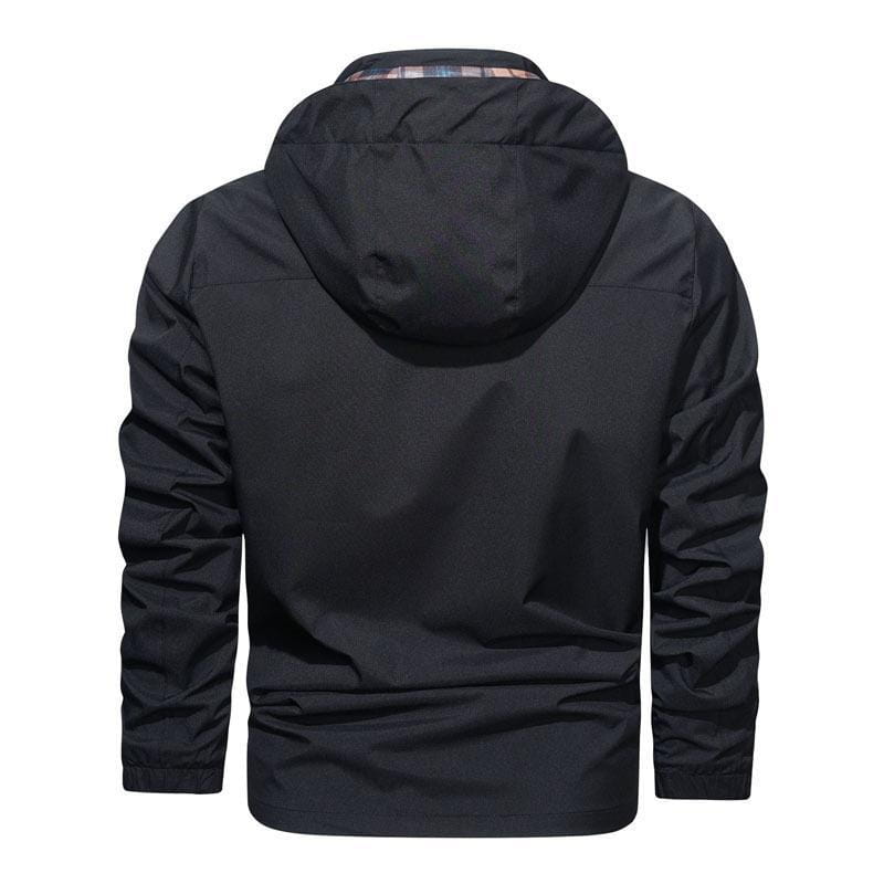 mens outdoor fleece hooded jacket in black with a subtle plaid fleece lining visible at the collar designed as a casual shell coat.