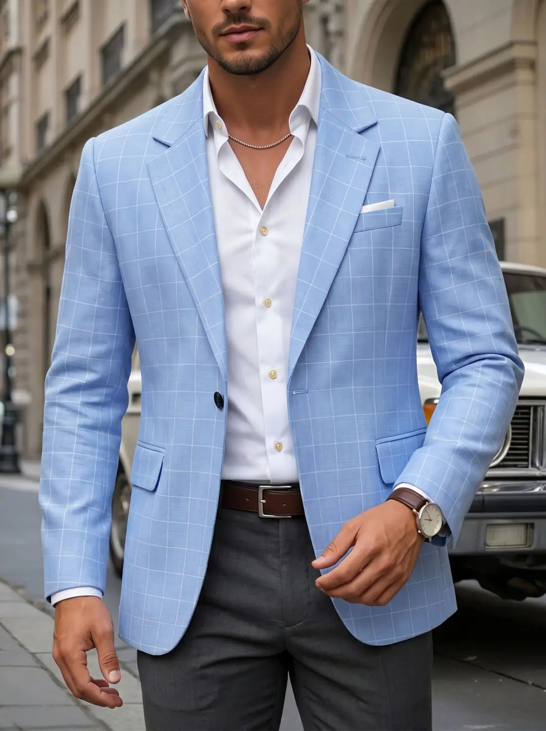 Hellblauer Karomuster-Business-Anzugjackenblazer mit tailliertem Schnitt und dezenter Karostruktur.