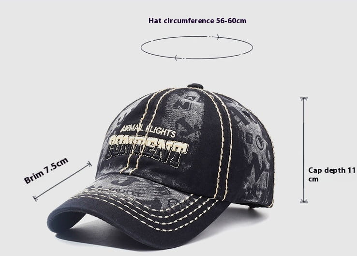 Black denim baseball cap made of distressed washed cotton featuring white stitching and a faded graphic design.