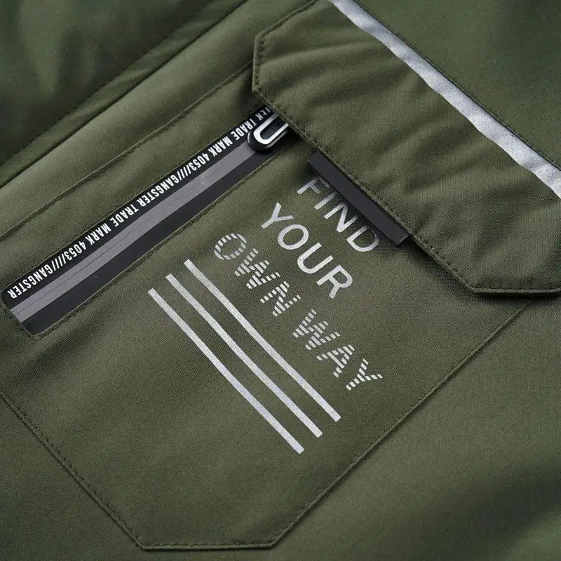 Mens outdoor fleece hooded jacket casual shell coat in olive green featuring a tactical pocket with white find your own way text and reflective stripes.