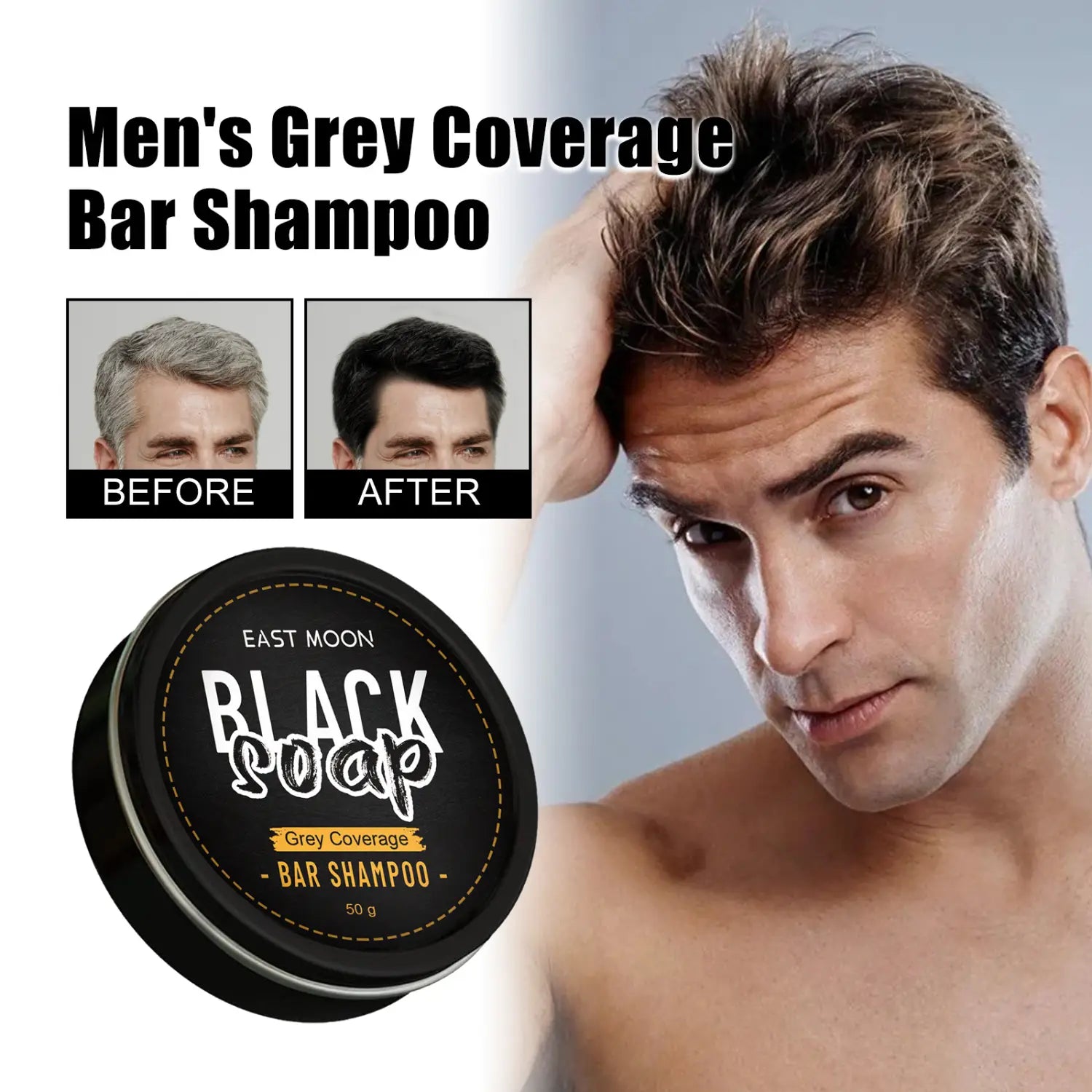 un contenant circulaire noir de shampooing en barre de savon noir pour cheveux à couverture gris East Moon Men’s, 50 g.