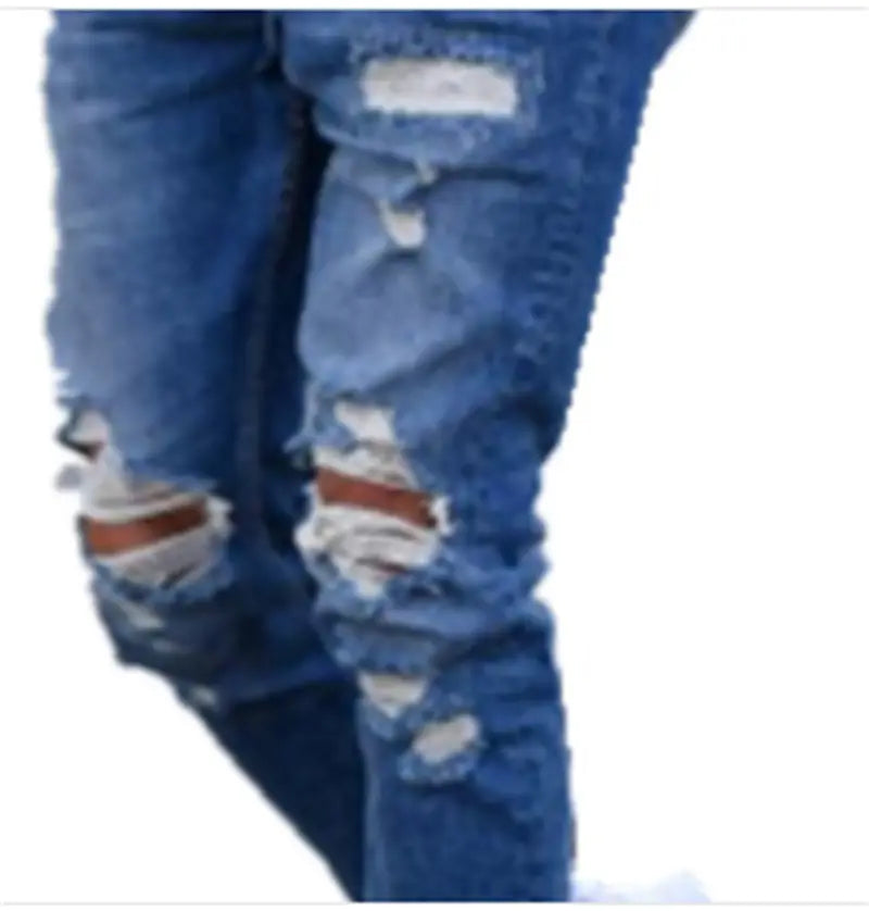 Men’s distressed blue denim ripped knee jeans featuring frayed edges and a casual rugged style.