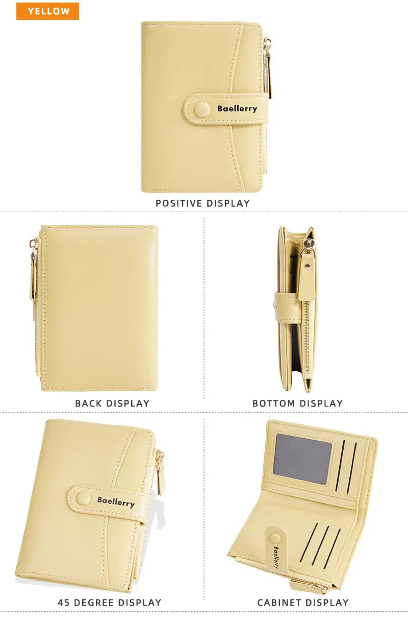 Cartera pequeña de cuero PU Baellerry amarilla pálida para mujer, con cierre mediante cremallera y nombre de la marca en relieve en la solapa frontal.
